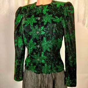 Vintage JESSICA MCCLINTOCK  Black Green Velvet Sparkle Puff Sleeve Jacket size 5